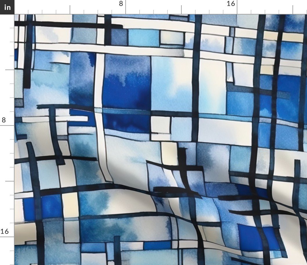 De_Stijl Geometric Primary Color Pattern in Blue Watercolor Fabric