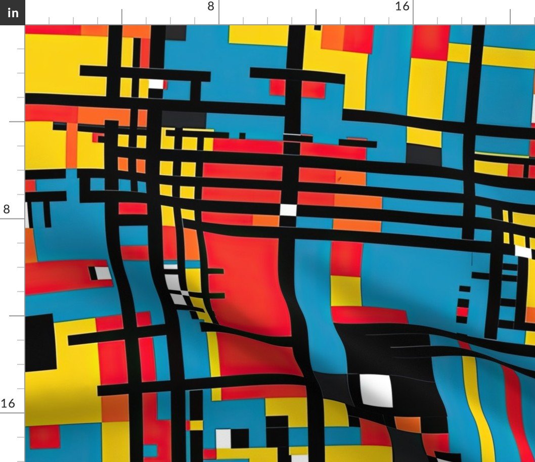 De Stijl iin Geometric  Pattern in Watercolor Retro Summer Colors Fabric
