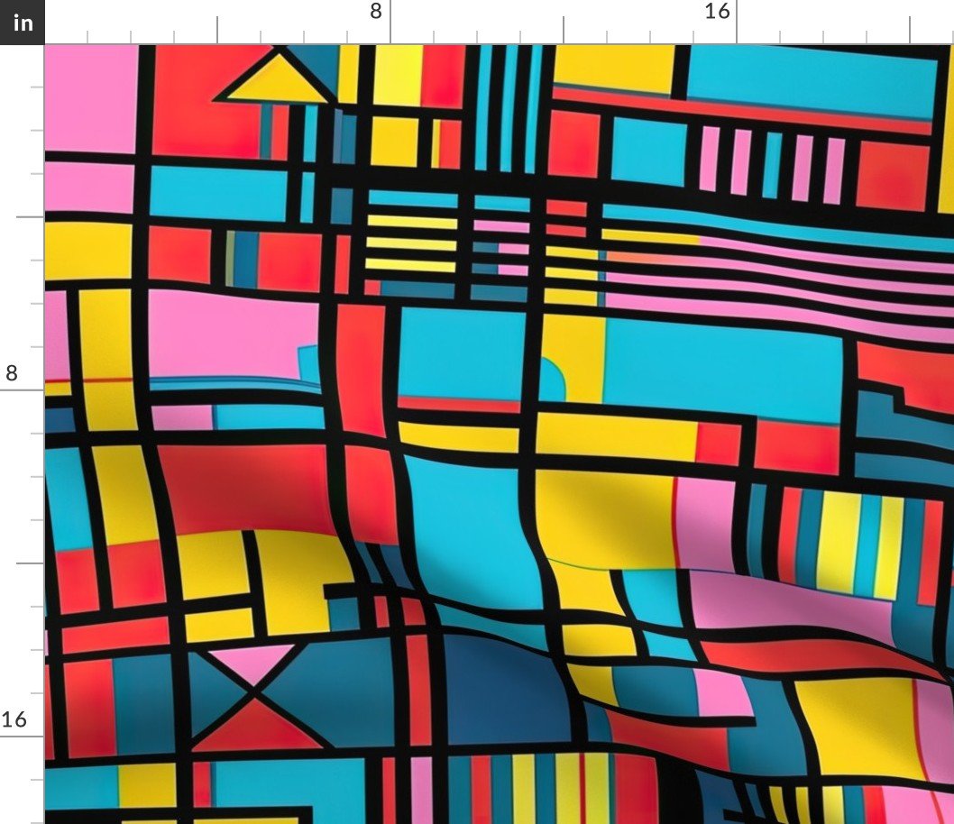 De Stijl in Geometric  Pattern in Watercolor Retro Summer Colors Fabric