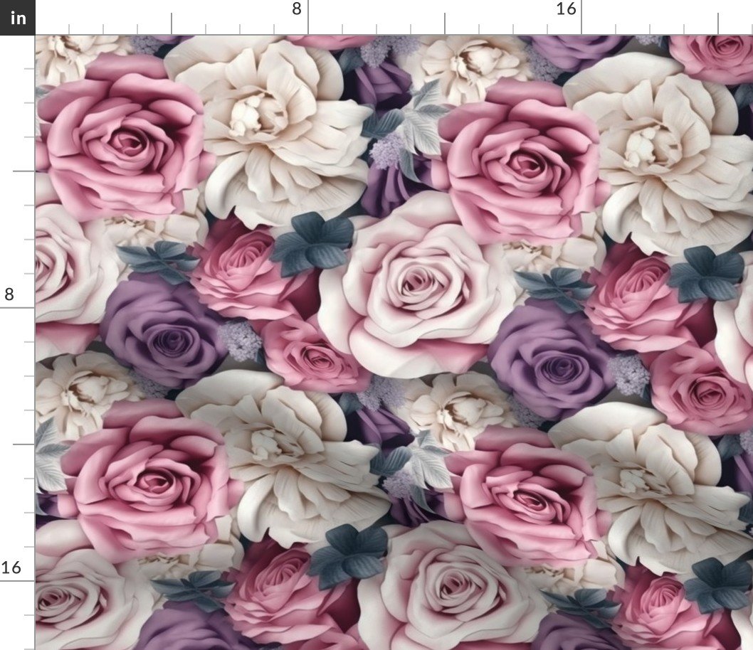 Densely Packed Jumbo Floral Rose Blossoms in Pink, Violet and White Fabric