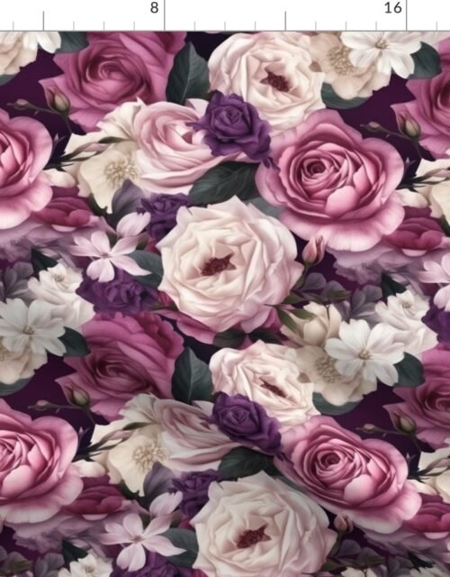 Densely Packed Jumbo Floral Rose Blossoms in Pink, Violet and White Fabric