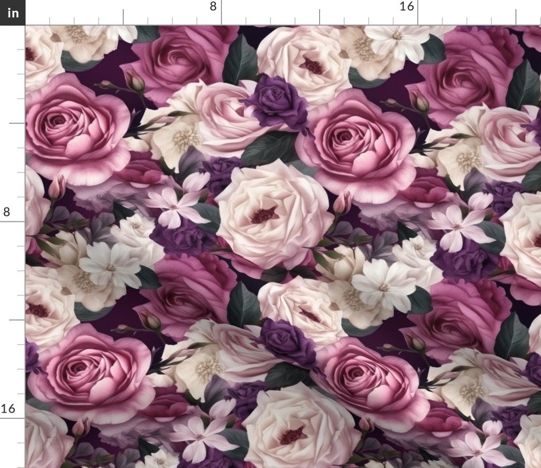 Densely Packed Jumbo Floral Rose Blossoms in Pink, Violet and White Fabric Densely Packed Jumbo Floral Rose Blossoms in Pink, Violet and White Fabric