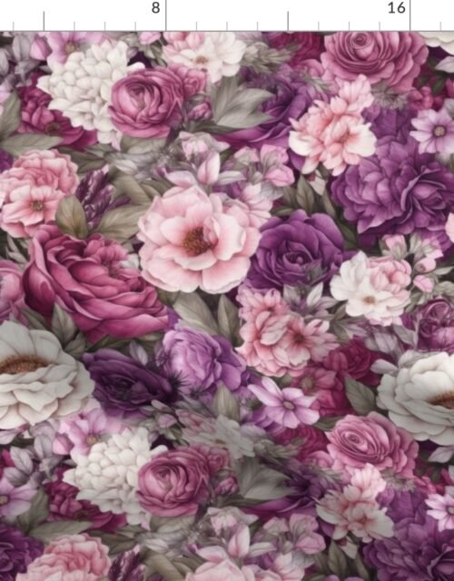 Densely Packed Jumbo Floral Rose Blossoms in Pink, Violet and White Fabric