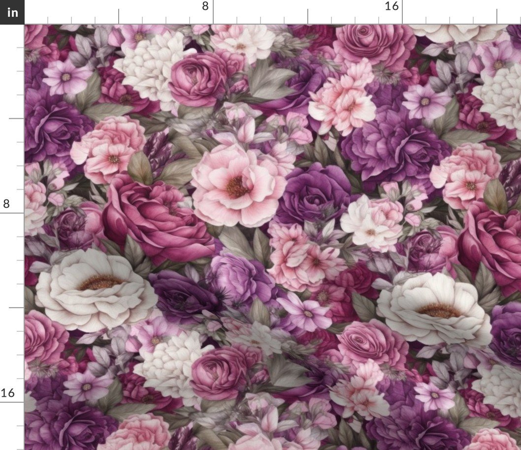 Densely Packed Jumbo Floral Rose Blossoms in Pink, Violet and White Fabric Densely Packed Jumbo Floral Rose Blossoms in Pink, Violet and White Fabric
