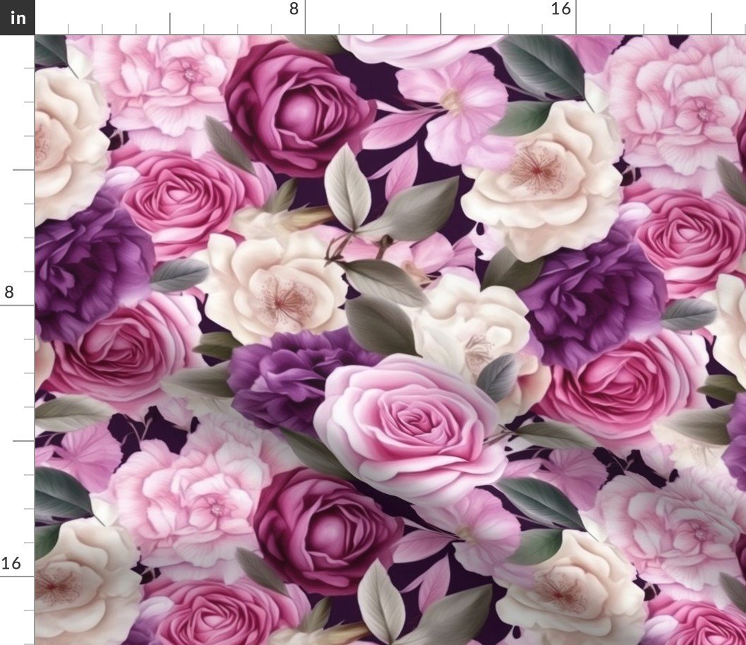 Densely Packed Jumbo Floral Rose Blossoms in Pink, Violet and White Fabric