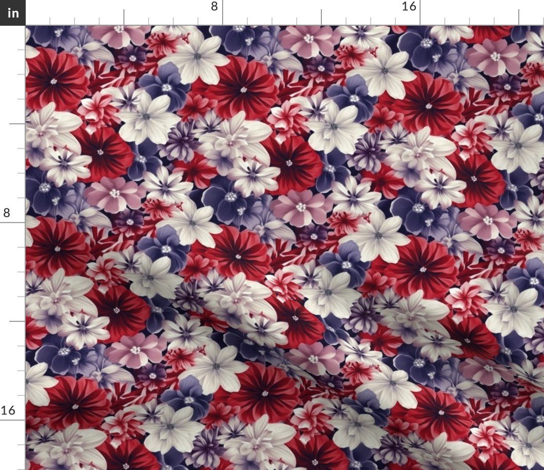 Densely Packed Jumbo Floral Rose Blossoms in Red, Violet and White Fabric
