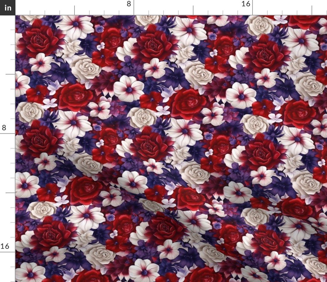 Densely Packed Jumbo Floral Rose Blossoms in Red, Violet and White Fabric Densely Packed Jumbo Floral Rose Blossoms in Red, Violet and White Fabric