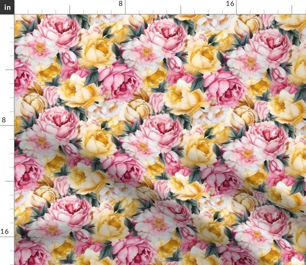 Densely Packed Jumbo Floral Rose Blossoms in Yellow, Pink and White Fabric Densely Packed Jumbo Floral Rose Blossoms in Yellow, Pink and White Fabric