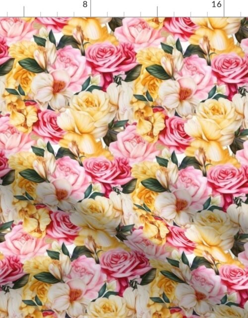 Densely Packed Jumbo Floral Rose Blossoms in Yellow, Pink and White Fabric
