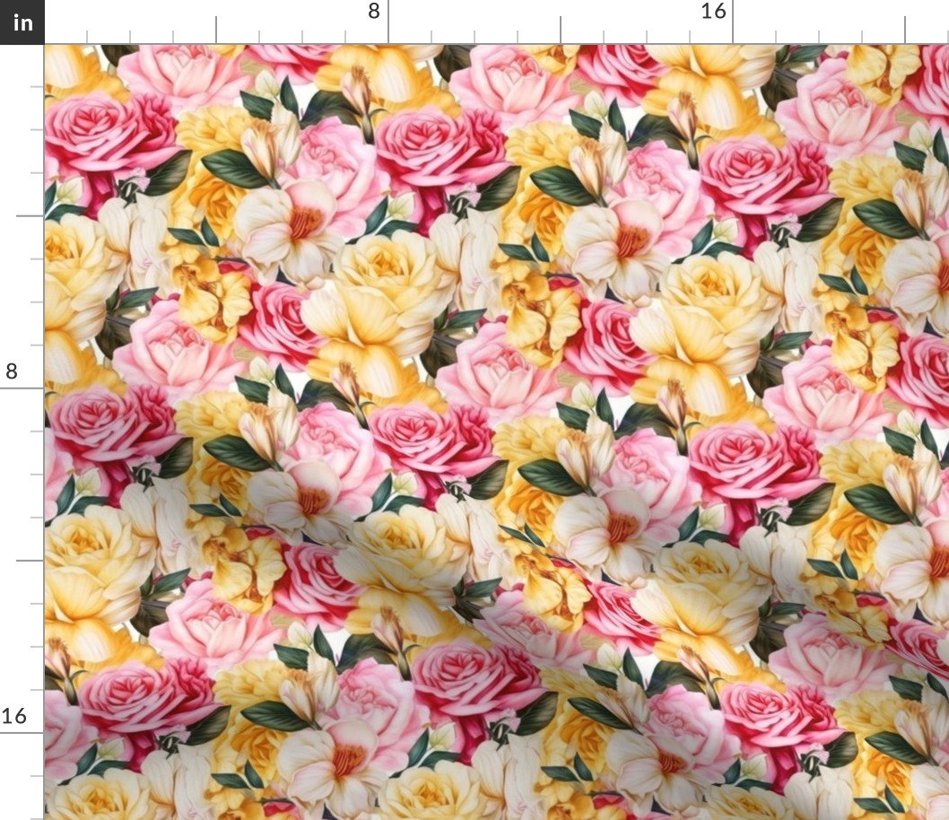 Densely Packed Jumbo Floral Rose Blossoms in Yellow, Pink and White Fabric