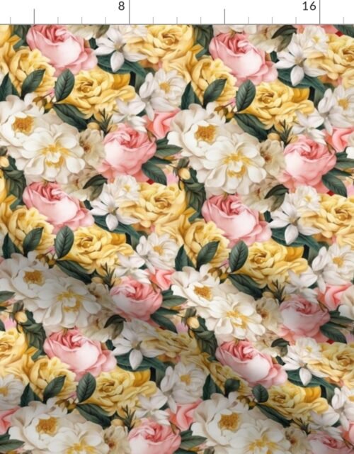 Densely Packed Jumbo Floral Rose Blossoms in Yellow, Pink and White Fabric
