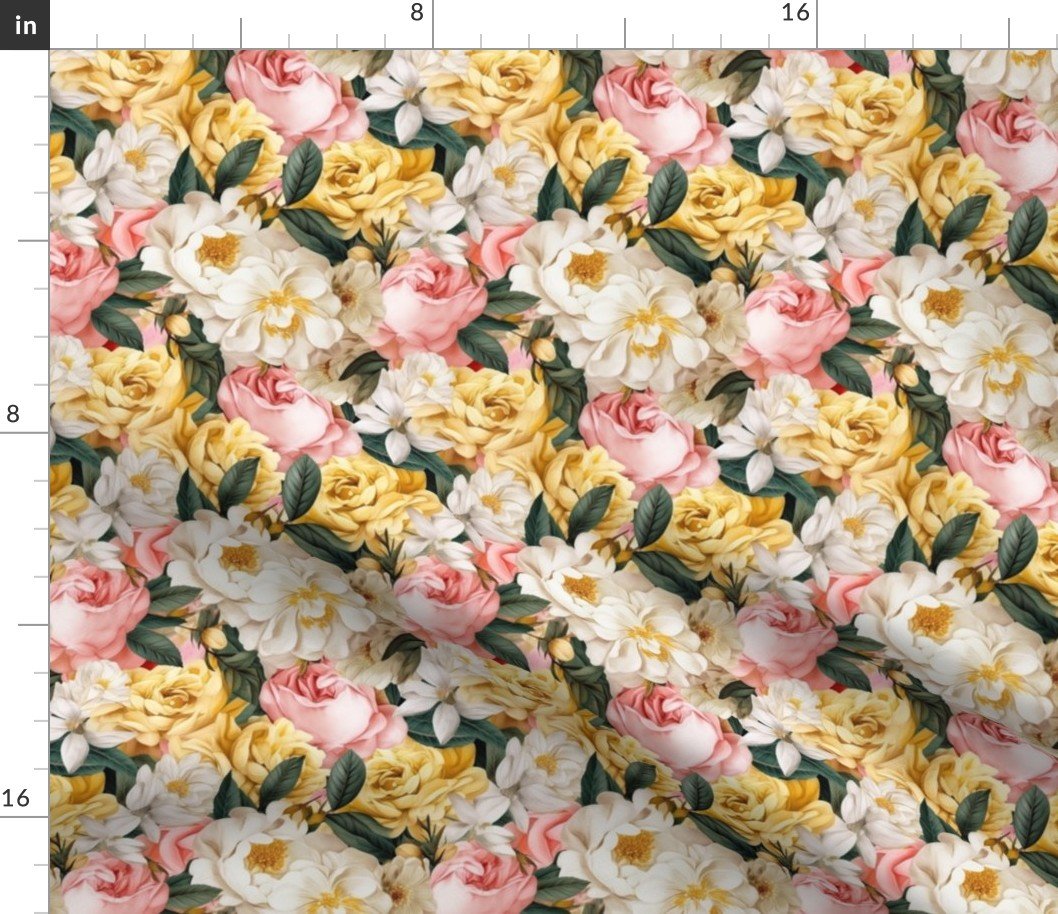 Densely Packed Jumbo Floral Rose Blossoms in Yellow, Pink and White Fabric