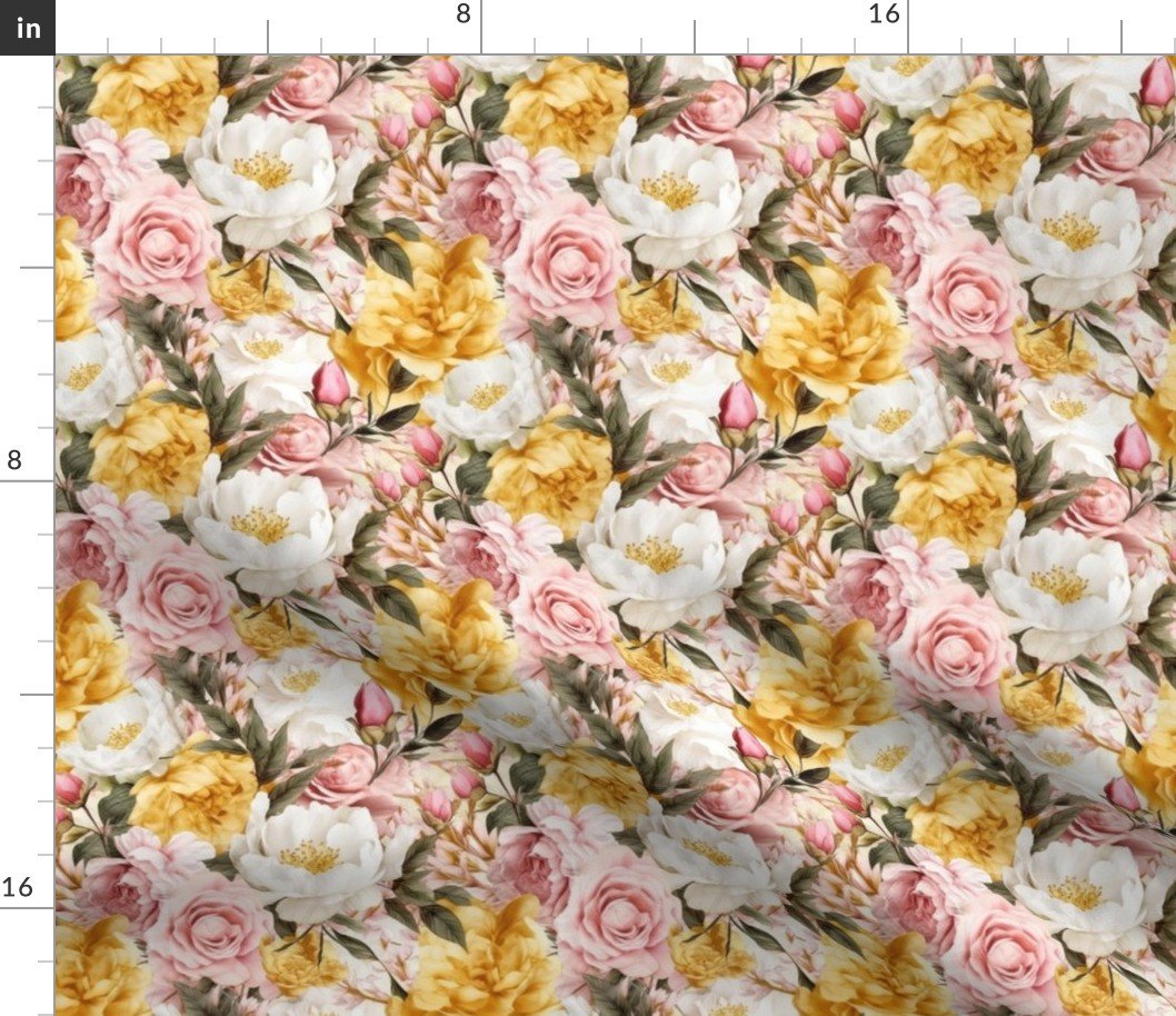 Densely Packed Jumbo Floral Rose Blossoms in Yellow, Pink and White Fabric Densely Packed Jumbo Floral Rose Blossoms in Yellow, Pink and White Fabric