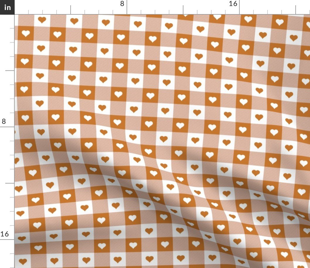 Desert Sun and White Gingham Valentines Check with Center Heart Medallions in Desert Sun and White Fabric