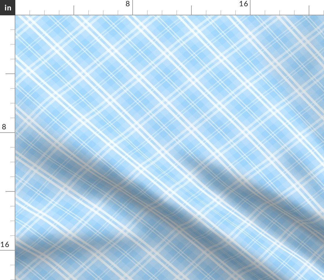 Diagonal Tartan Check Plaid in Pastel Baby Blue with White Lines Fabric