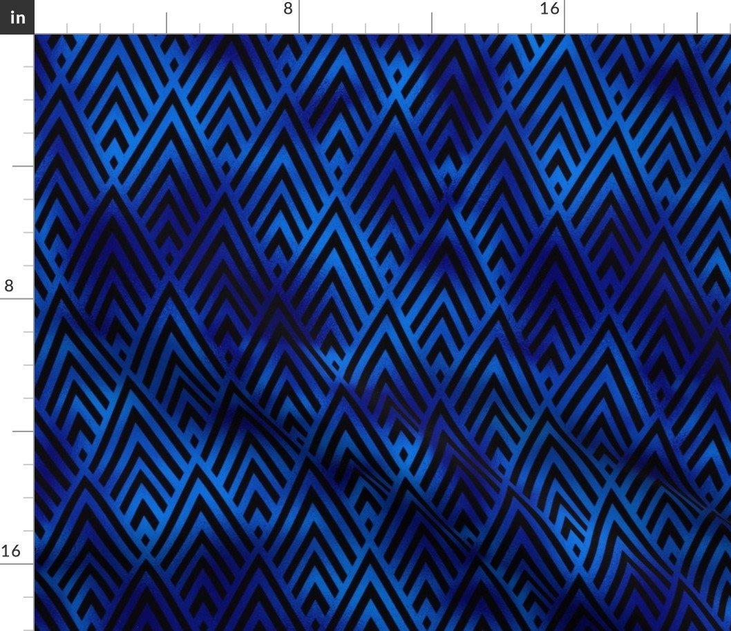 Diamond Chevrons in Black and Classic Blue Vintage Faux Foil Art Deco Vintage Foil Pattern Fabric