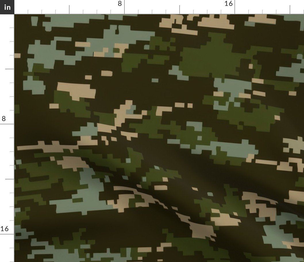 Digital Camouflage in Pixellated Swatches of Deep Forest Green, Olive Drab and Khaki Beige Fabric