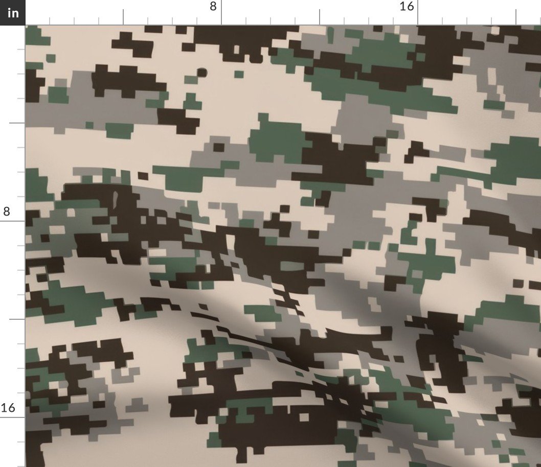 Digital Camouflage in Pixellated Swatches of Kkaki Beige, Olive Drab and Charcoal Grey Fabric