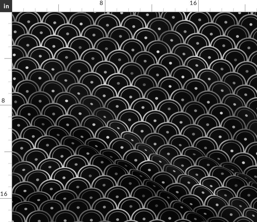 Dotted Scales in Black and Silver Vintage Faux Foil Art Deco Vintage Foil Pattern Fabric