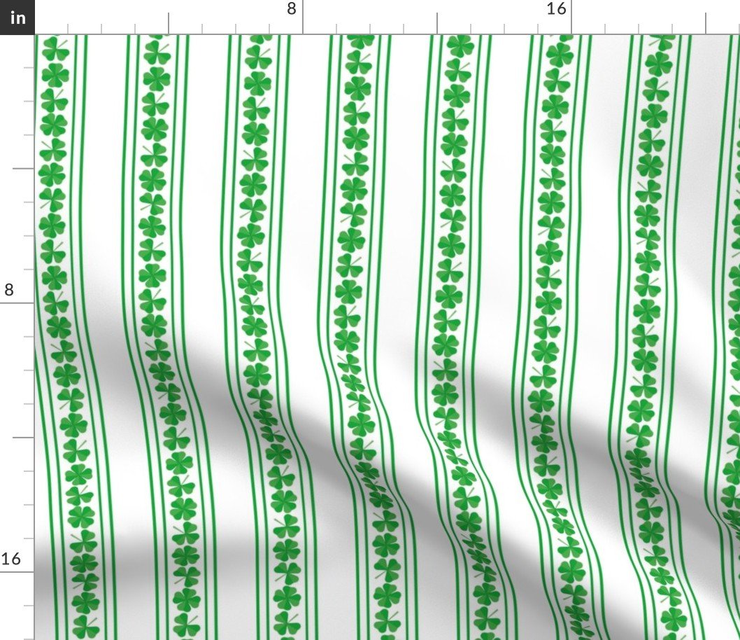 Double Striped St. Patricks 3 and 4-Leafed Shamrocks in Kelly Green on White Fabric