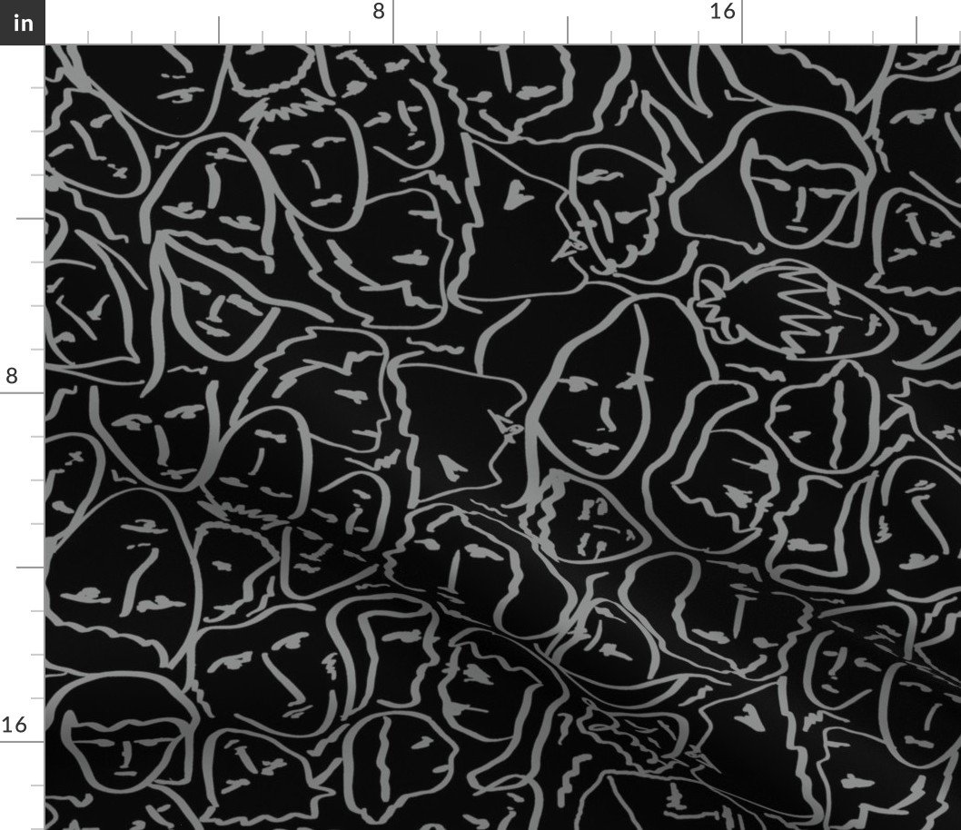 Elio’s Shirt Faces in Faded Vintage Grey Outlines on Black Crying Scene Fabric Elio's Shirt Faces in Faded Vintage Grey Outlines on Black Crying Scene Fabric