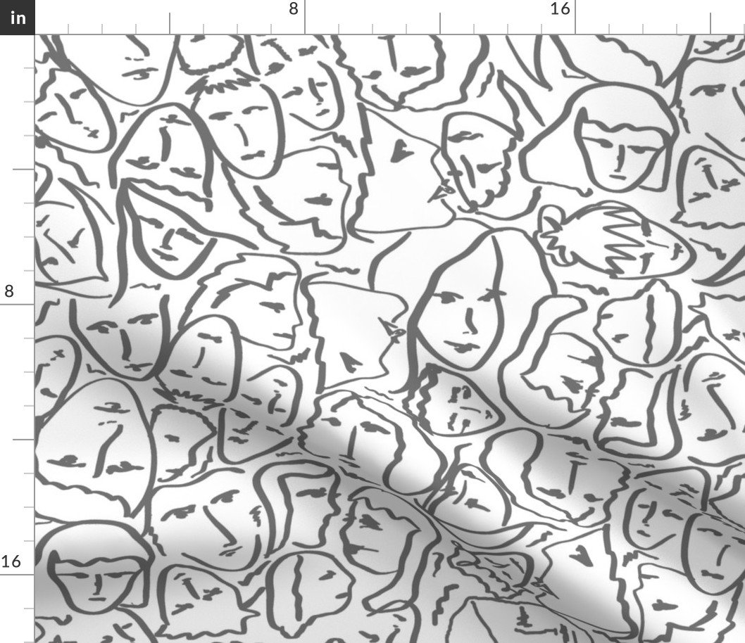Elio’s Shirt Faces in Faded Vintage Grey Outlines on White Crying Scene Fabric Elio's Shirt Faces in Faded Vintage Grey Outlines on White Crying Scene Fabric