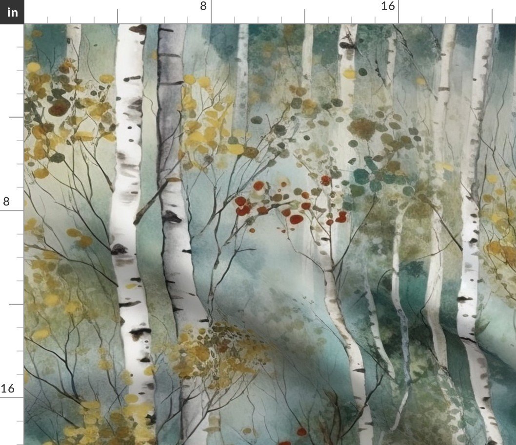 Endless Birch Tree Dreamscape Trees in Misty Forest Watercolor Fabric