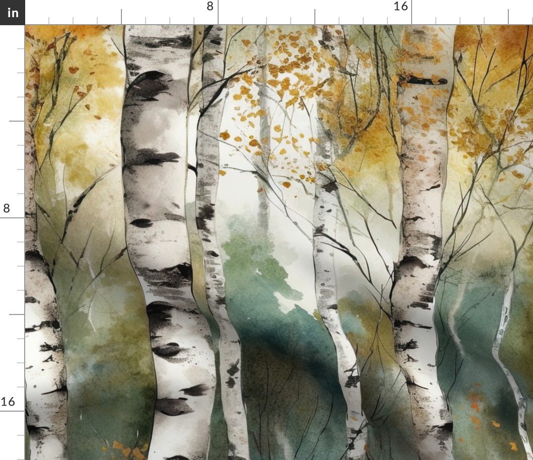 Endless Birch Tree Dreamscape Trees in Misty Forest Watercolor Fabric