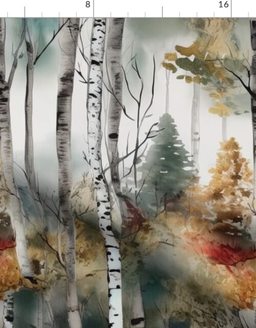 Endless Birch Tree Dreamscape Trees in Misty Forest Watercolor Fabric