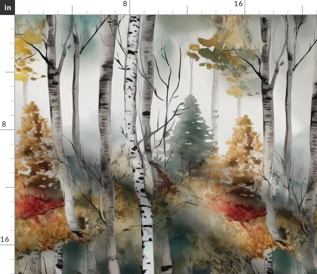 Endless Birch Tree Dreamscape Trees in Misty Forest Watercolor Fabric