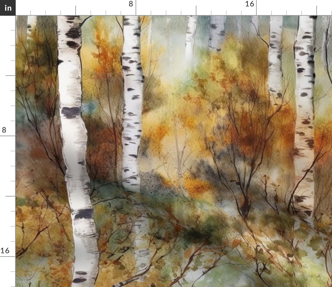Endless Birch Tree Dreamscape Trees in Misty Forest Watercolor Fabric