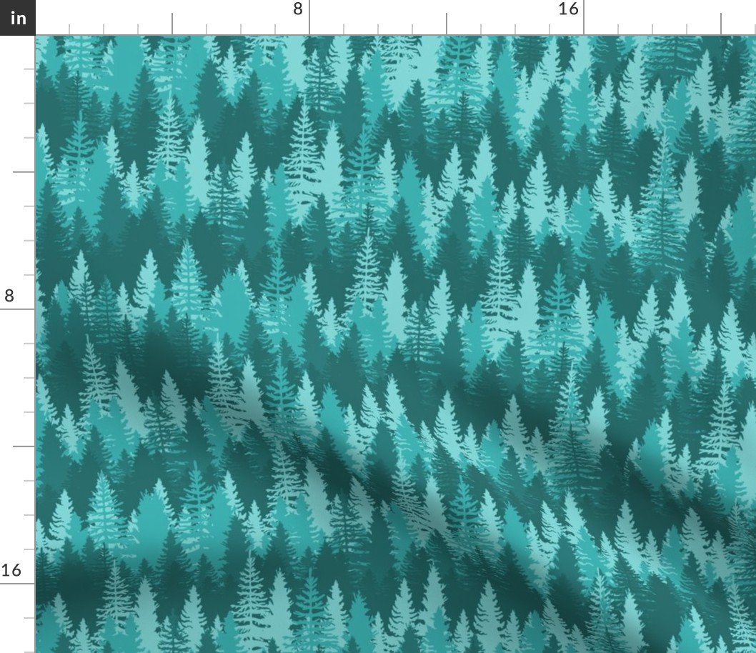 Endless Evergreen Forest with Fir Trees in Shades of Aqua Blue Fabric