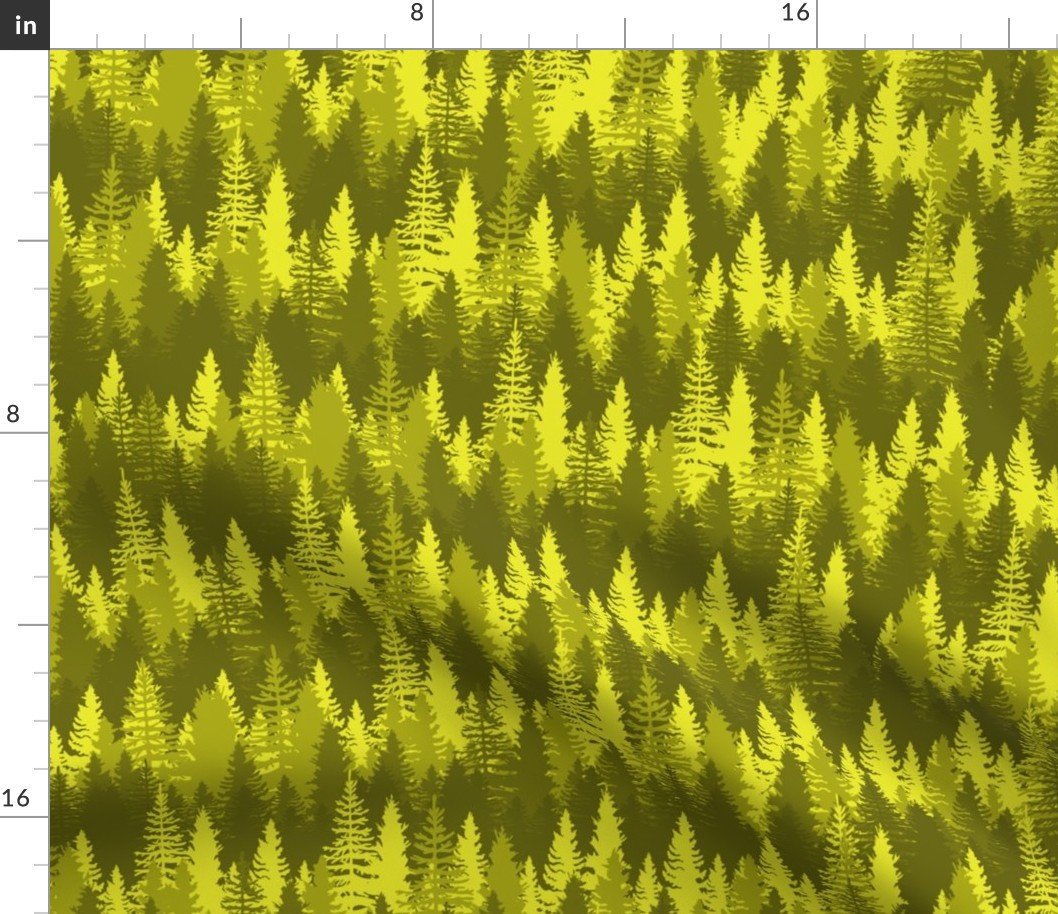 Endless Evergreen Forest with Fir Trees in Shades of Golden Yellow Fabric