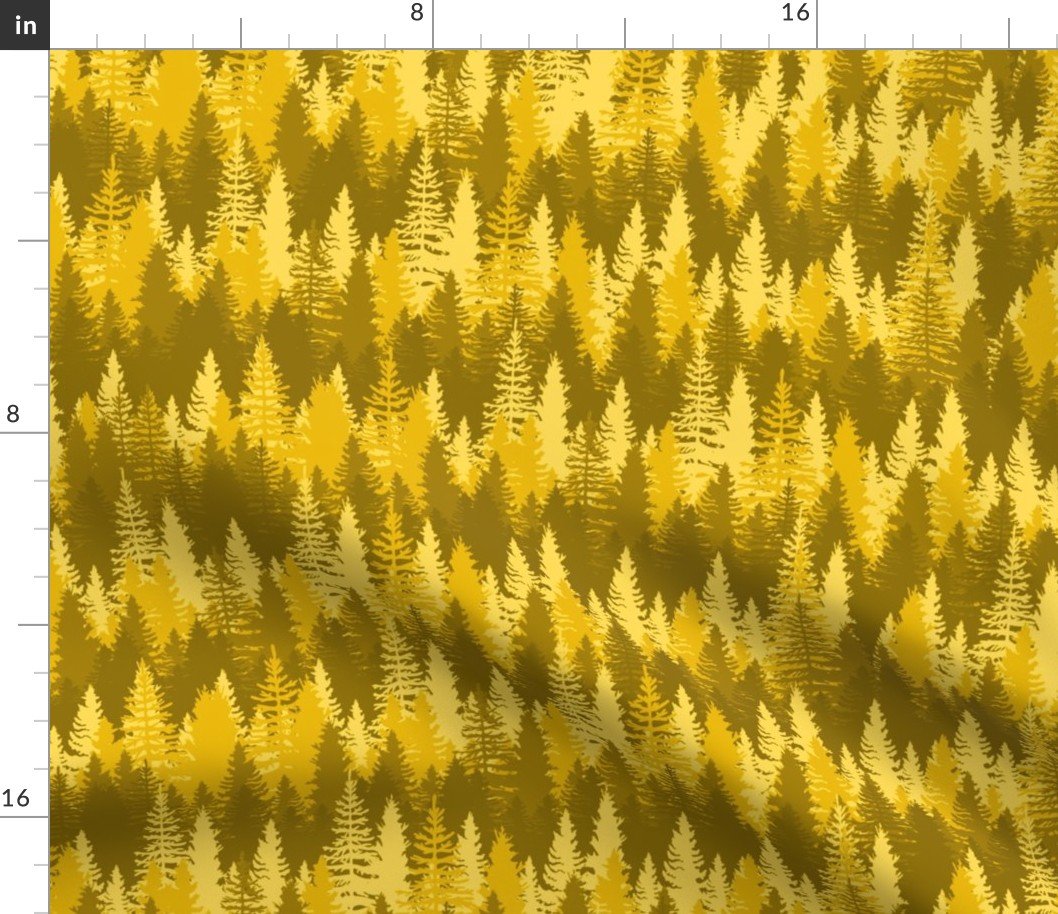 Endless Evergreen Forest with Fir Trees in Shades of Orange Fabric