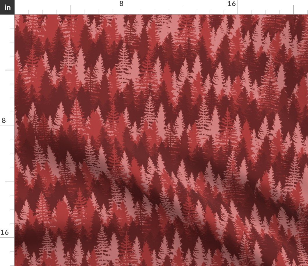 Endless Evergreen Forest with Fir Trees in Shades of Red Fabric Endless Evergreen Forest with Fir Trees in Shades of Red Fabric