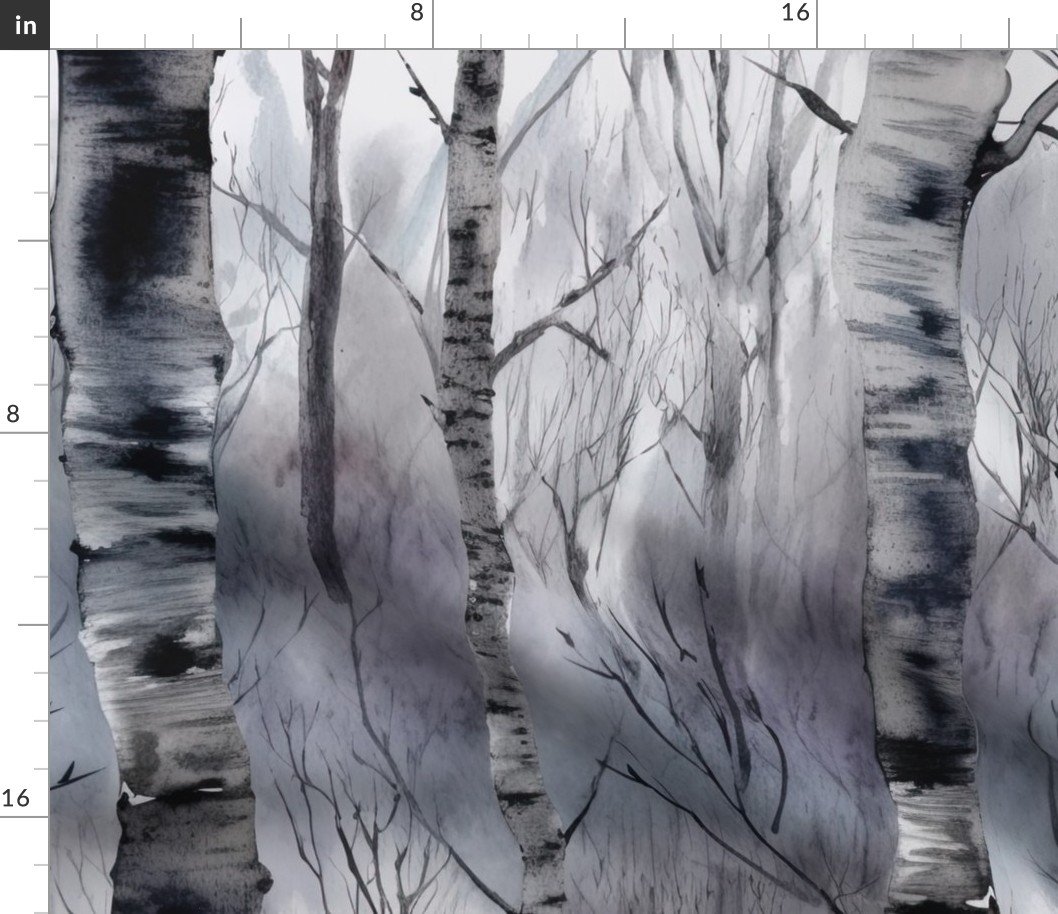 Endless Silver Birch Tree Dreamscape Trees in Misty Forest Watercolor Fabric