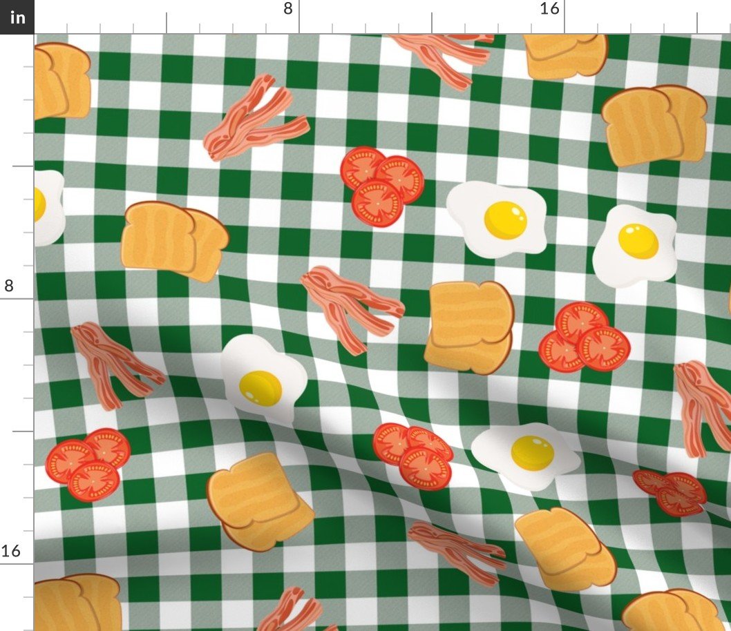 English Cooked Breakfast Bacon, Eggs, Tomato and Toast on Dark Green Gingham Check Fabric