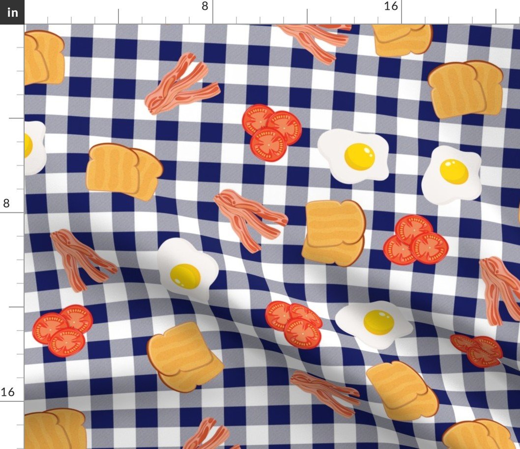 English Cooked Breakfast Bacon, Eggs, Tomato and Toast on Navy Gingham Check Fabric