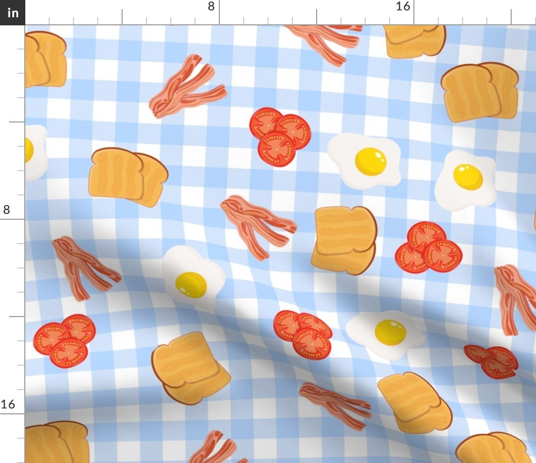 English Cooked Breakfast Bacon, Eggs, Tomato and Toast on Pale Blue Gingham Check Fabric