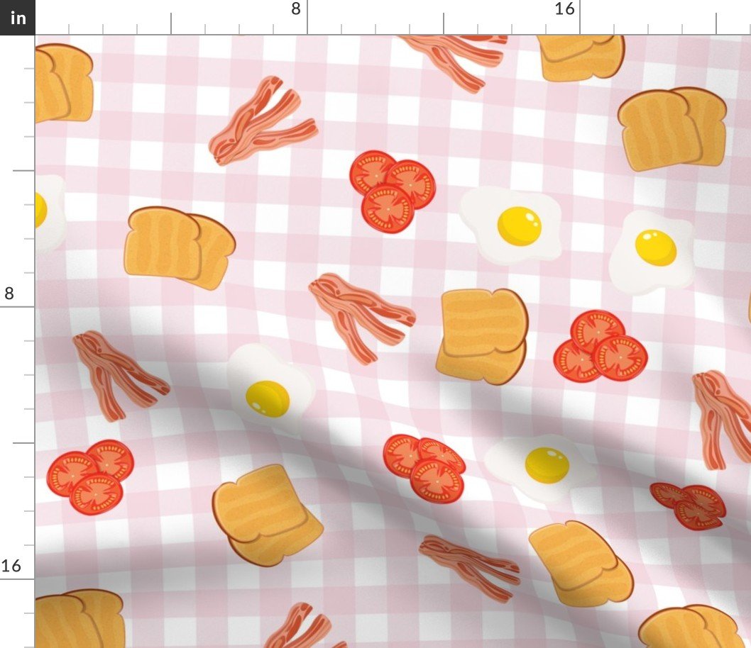 English Cooked Breakfast Bacon, Eggs, Tomato and Toast on Pale Pink Gingham Check Fabric English Cooked Breakfast Bacon, Eggs, Tomato and Toast on Pale Pink Gingham Check Fabric