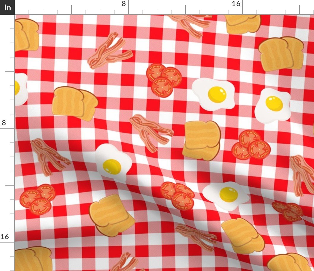 English Cooked Breakfast Bacon, Eggs, Tomato and Toast on Red Gingham Check Fabric English Cooked Breakfast Bacon, Eggs, Tomato and Toast on Red Gingham Check Fabric