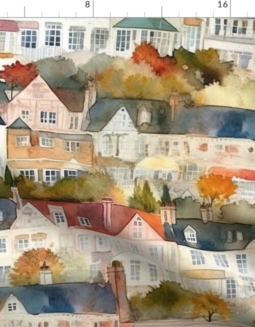 English Town Houses in Watercolor Fabric