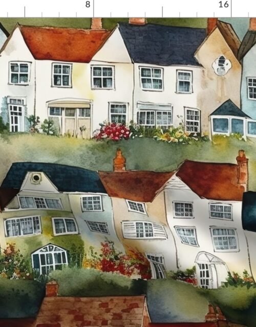 English Village Houses in Watercolor Fabric