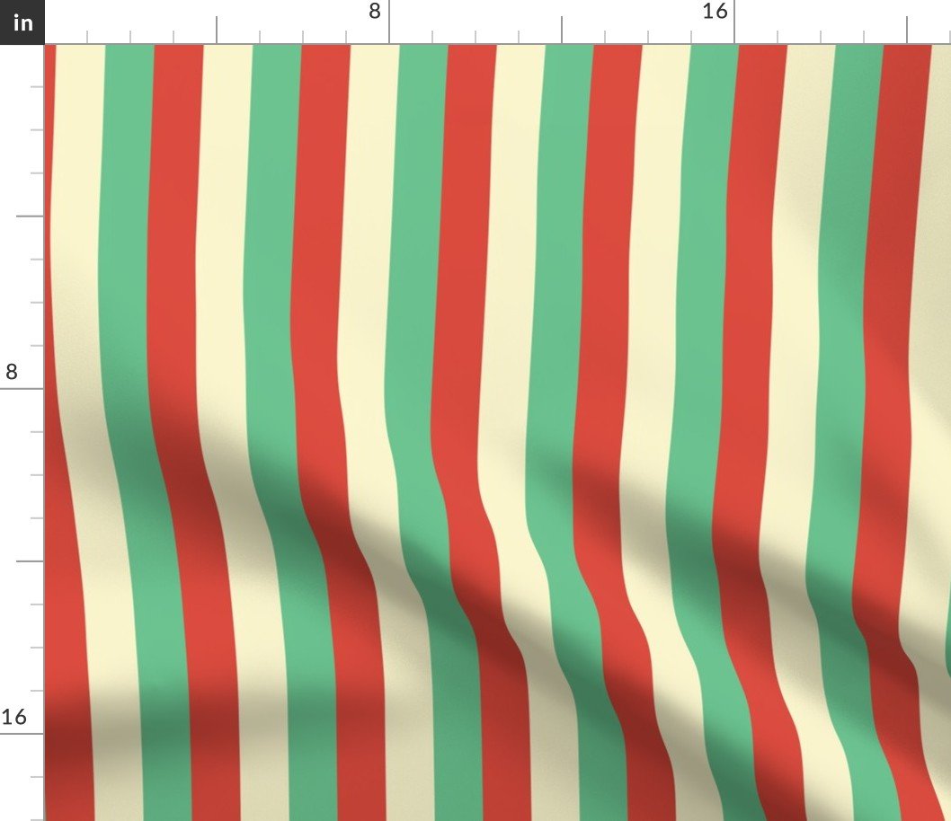 Equal 1 Inch Red Vermillion, Green and Yellow Gold Vintage Christmas Stripe Fabric Equal 1 Inch Red Vermillion, Green and Yellow Gold Vintage Christmas Stripe Fabric