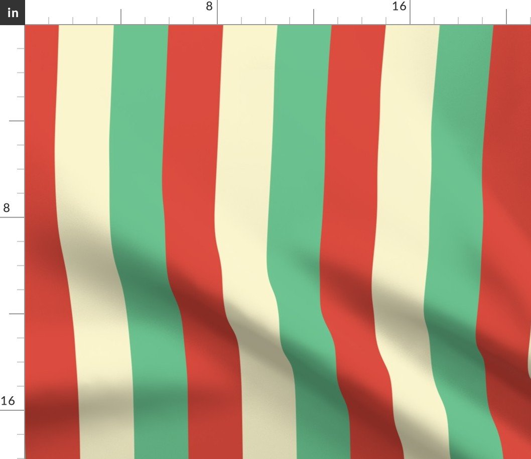 Equal 2 Inch Red Vermillion, Green and Yellow Gold Vintage Christmas Stripe Fabric