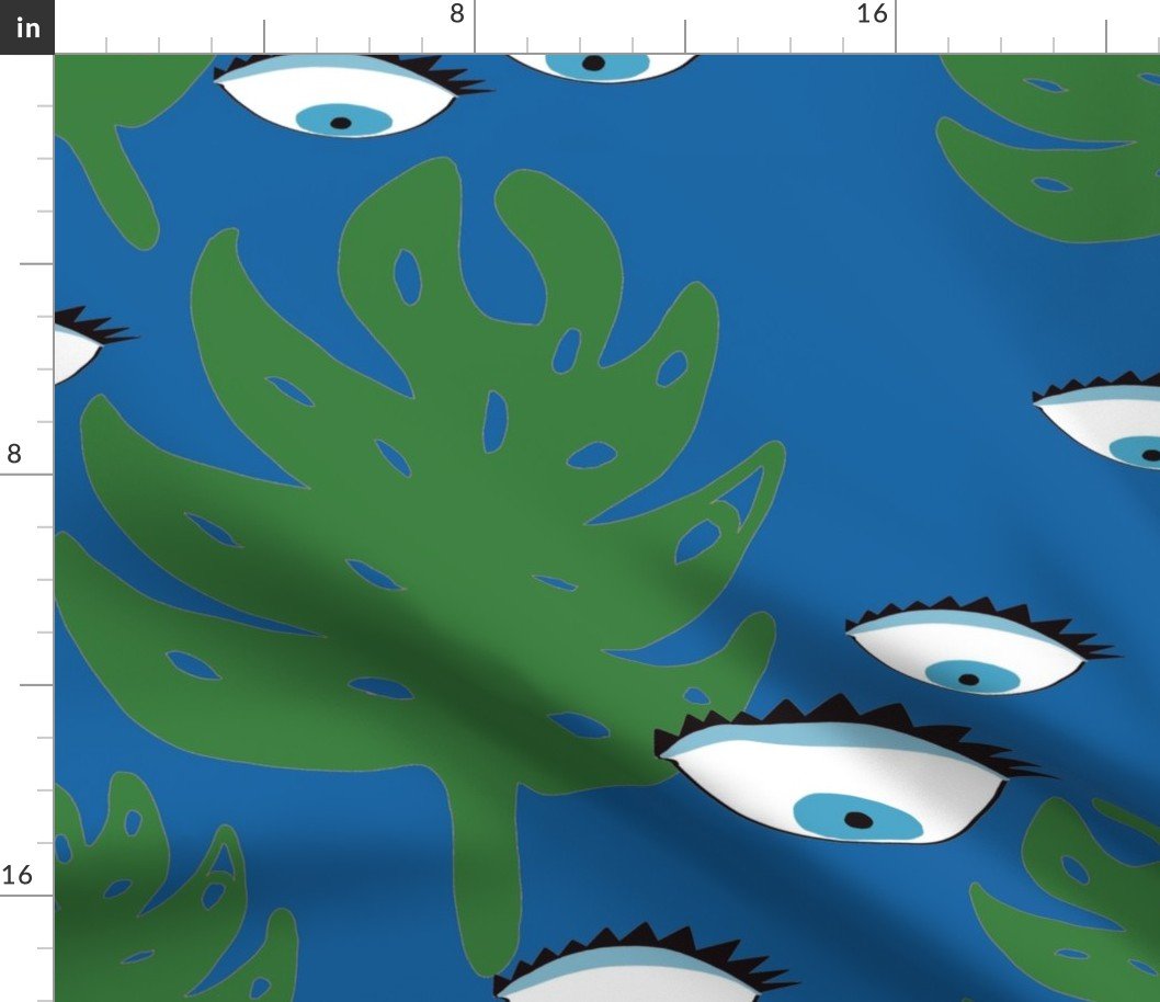 Evil Eye Tropical Blue Monstera Leaves Fabric Evil Eye Tropical Blue Monstera Leaves Fabric
