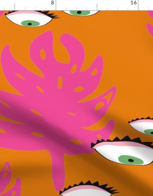 Evil Eye Tropical Orange Monstera Leaves Fabric