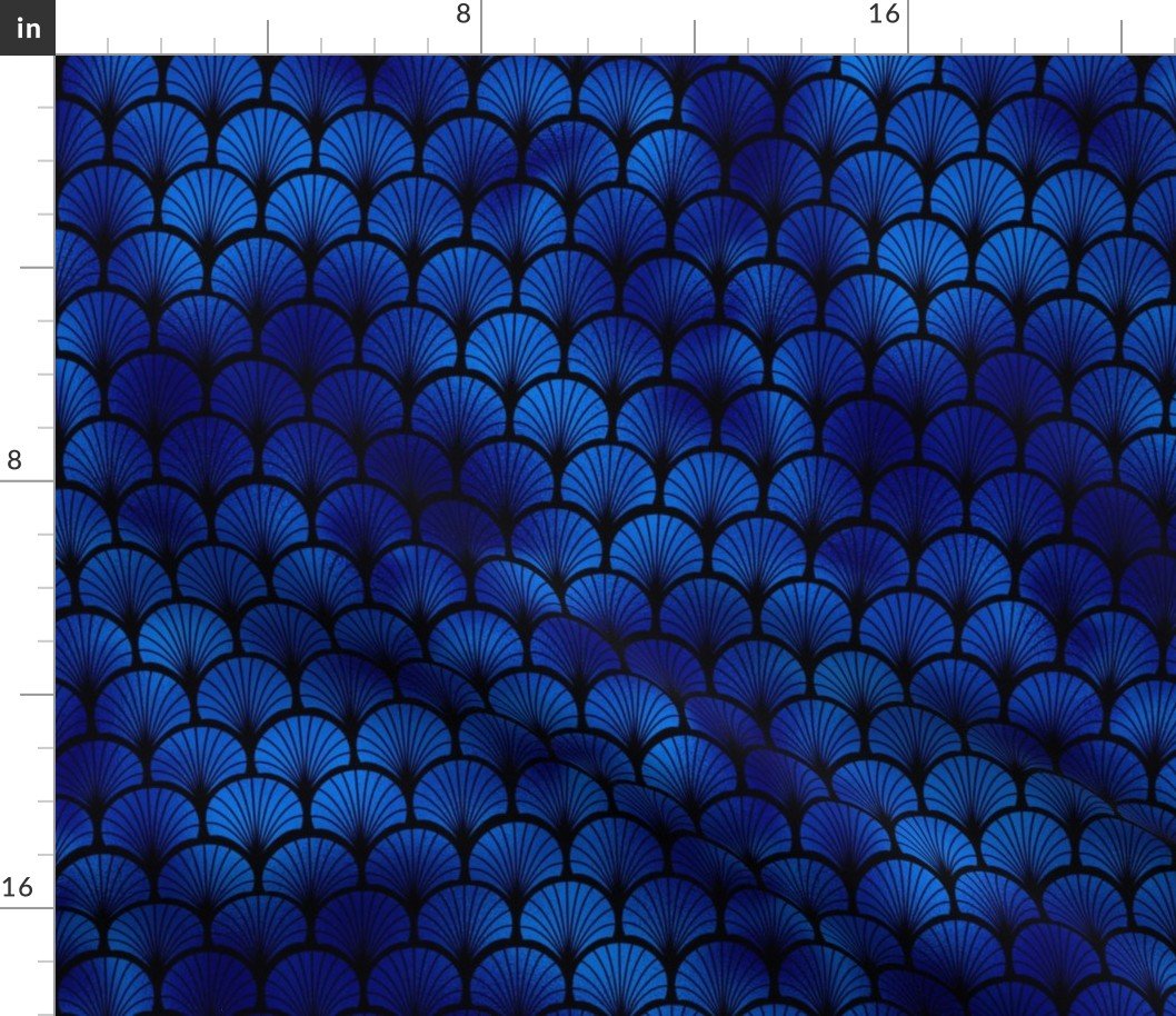 Fan Palms in Black and Classic Blue Vintage Faux Foil Art Deco Vintage Foil Pattern Fabric