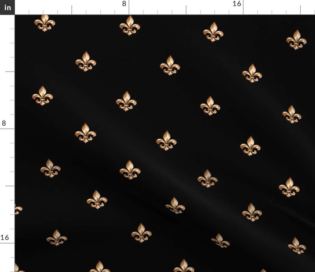 Faux-Effect Metallic Gold Fleur de Lis Royal Symbols on Midnight Black Fabric