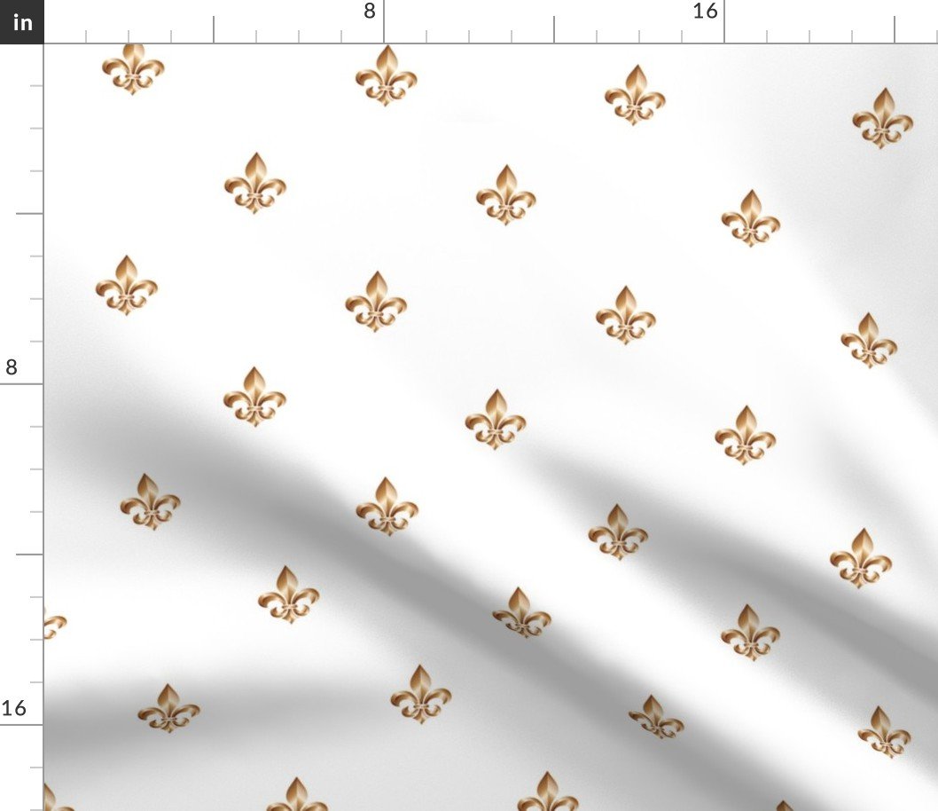 Faux-Effect Metallic Gold Fleur de Lis Royal Symbols on Wedding White Fabric